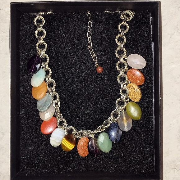 VINTAGE MULTI-WIRED SILVER NATURAL & SYNTHETIC GEMSTONE DANGLE NECKLACE UPTO 18" - Picture 1 of 11